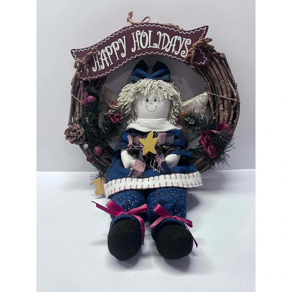 Vintage Handmade Christmas Angel Wreath Wall Hanging Happy Holidays Grapevine